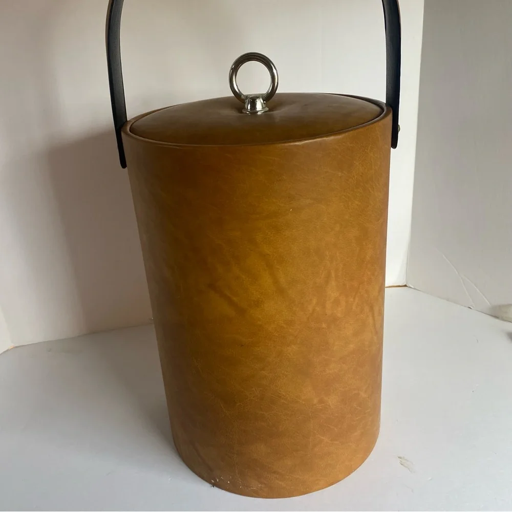 Vintage Ice Bucket Leather look with Real Bamboo Handle Utensils